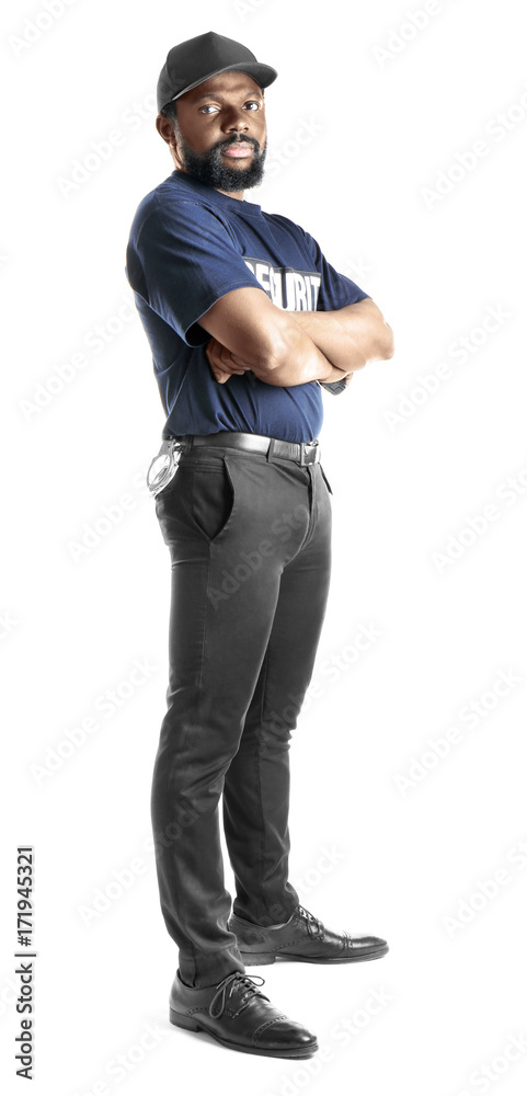Naklejka premium Male security guard on white background
