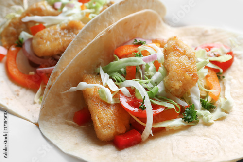 Tasty fish tacos, closeup