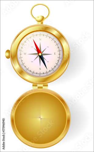 A golden compass with lid with a wind rose on a gold chain. North, south, west, east, geography, coordinates, directions