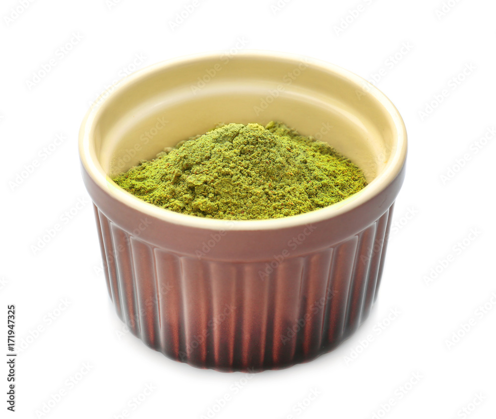 Hemp protein powder in bowl, isolated on white Hemp protein powder in bowl, isolated on white