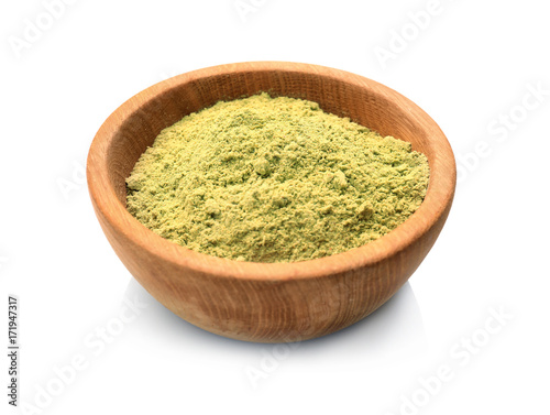 Hemp protein powder in wooden bowl, isolated on white