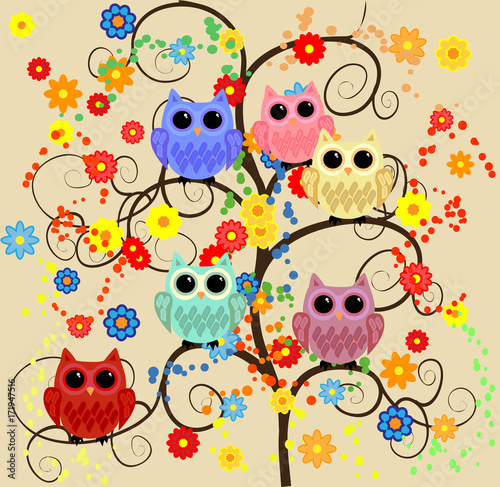 Six lovely owls blue, red, pink, yellow, purple, blue with huge eyes sitting on a fantastic tree with flowers and sparkles