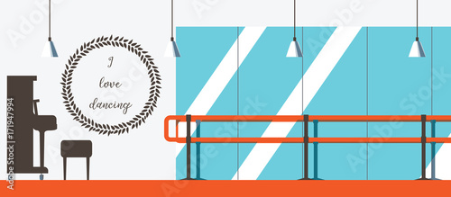 Vector interior in flat style. Ballet dancing studio with piano and dance barre.