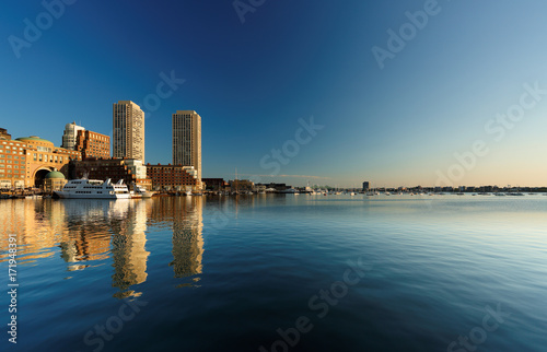 Boston Financial District before sunrise viewing from Fan Pier Park, Boston, Massachusetts, USA