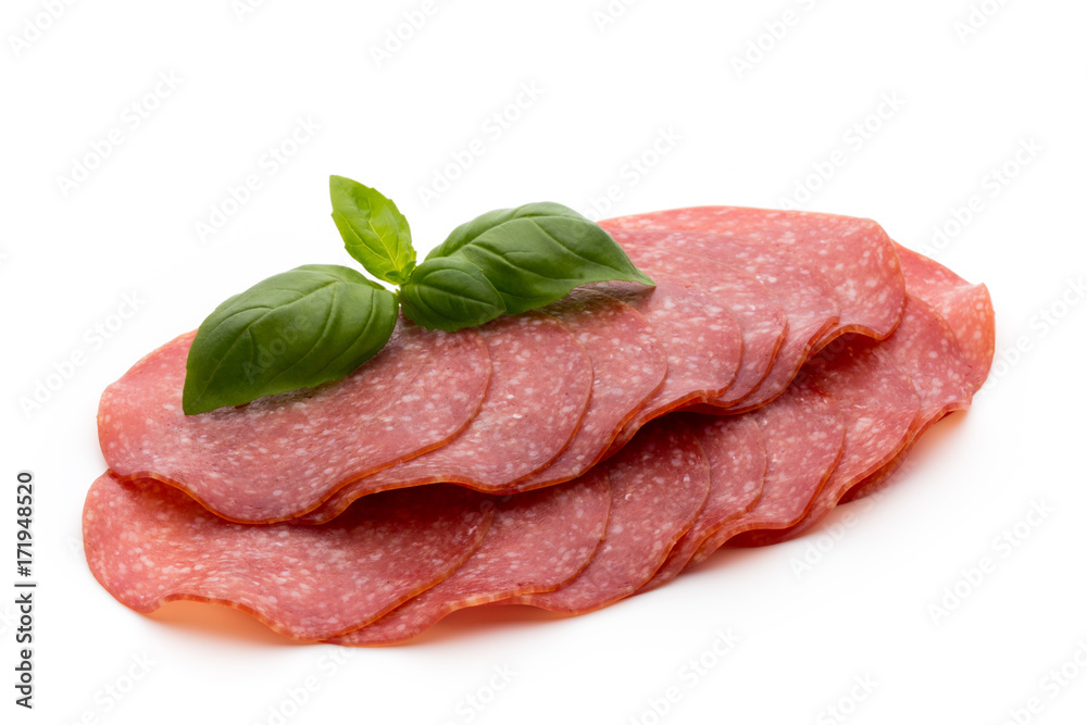 Salami slices isolated on white background. Salami slices isolated on white background.