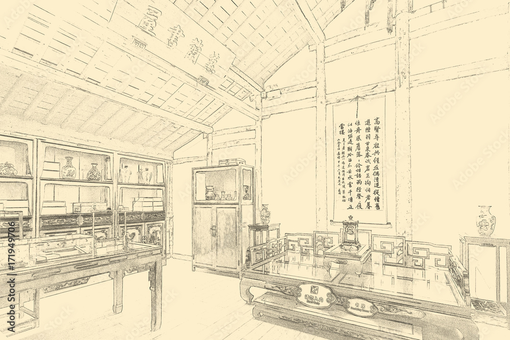 Ancient Chinese town line drawing