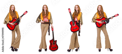 Valokuva Young girl with guitar on white