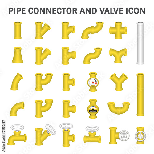 Pipe icon and flange fitting. Include control valve and pressure gauge. For pipeline construction and transportation liquid or gas i.e. oil, natural gas. Also for sewage, plumbing and irrigation.