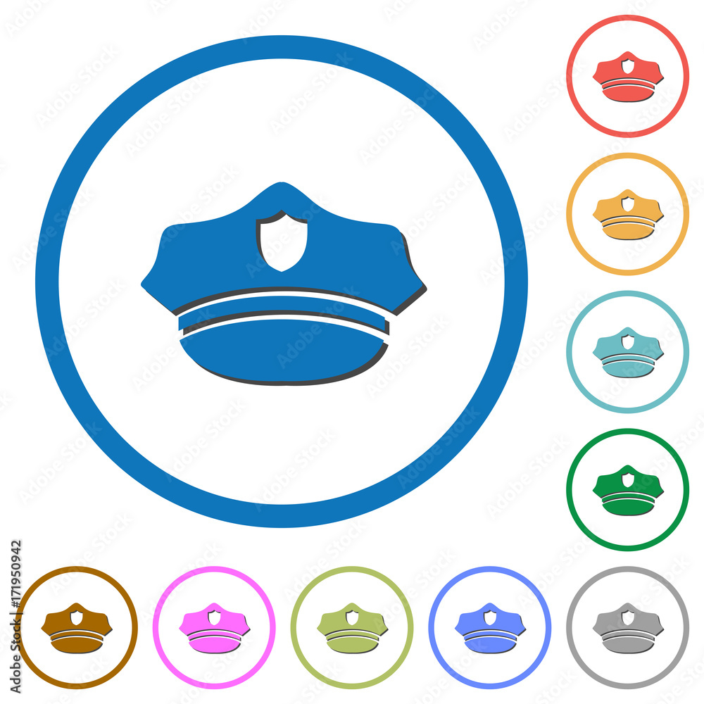 Police hat icons with shadows and outlines Police hat icons with shadows and outlines