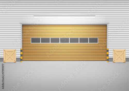 Roller door or roller shutter. Also called security door or security shutter. For protect residential, commercial and industrial building i.e. house, factory, warehouse, hangar. Vector illustration.