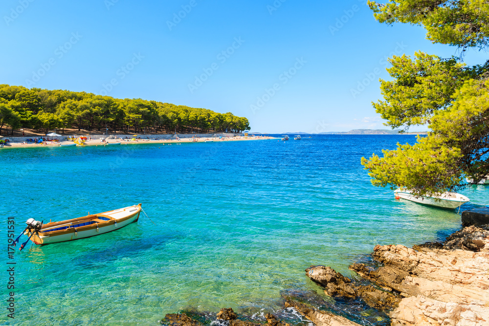 Fishing boat in small sea bay in Primosten town, Dalmatia, Croatia