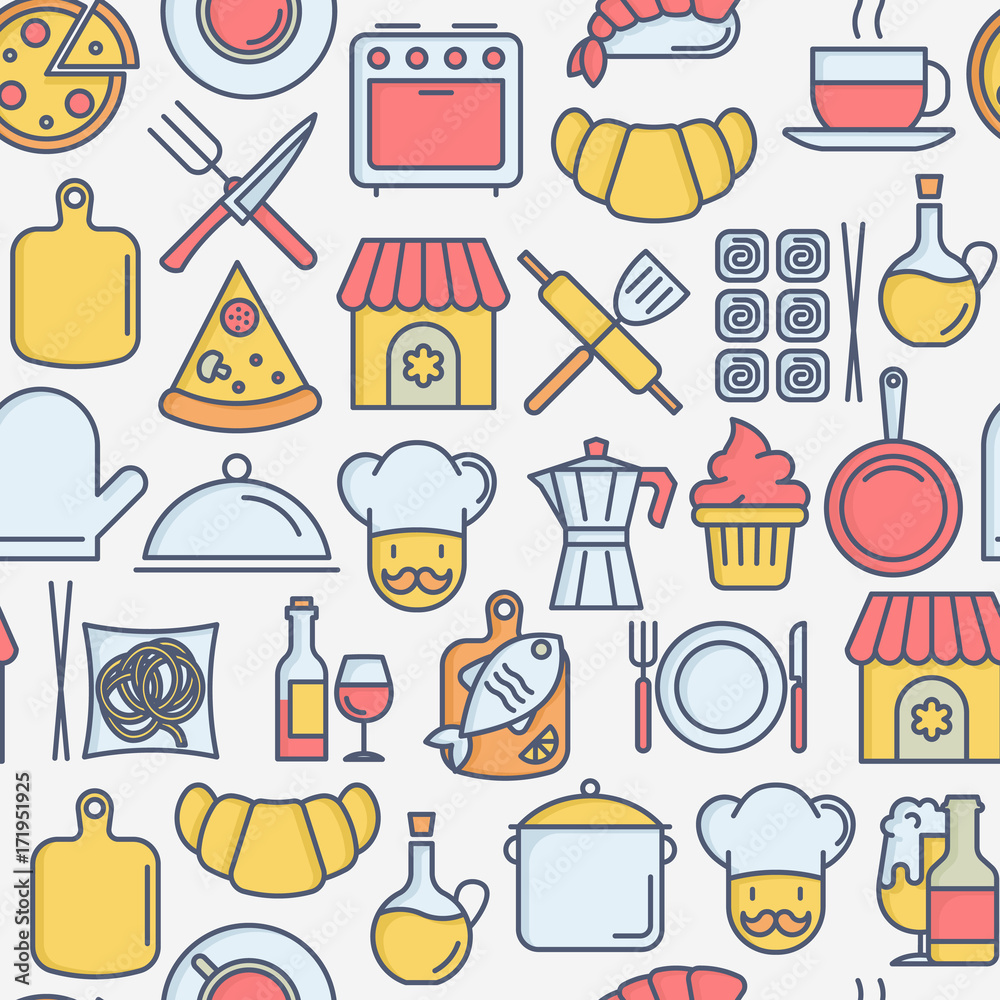 Restaurant concept seamless pattern with thin line icons: chef, kitchenware, food, beverages for menu or print media. Vector illustration for banner, web page.