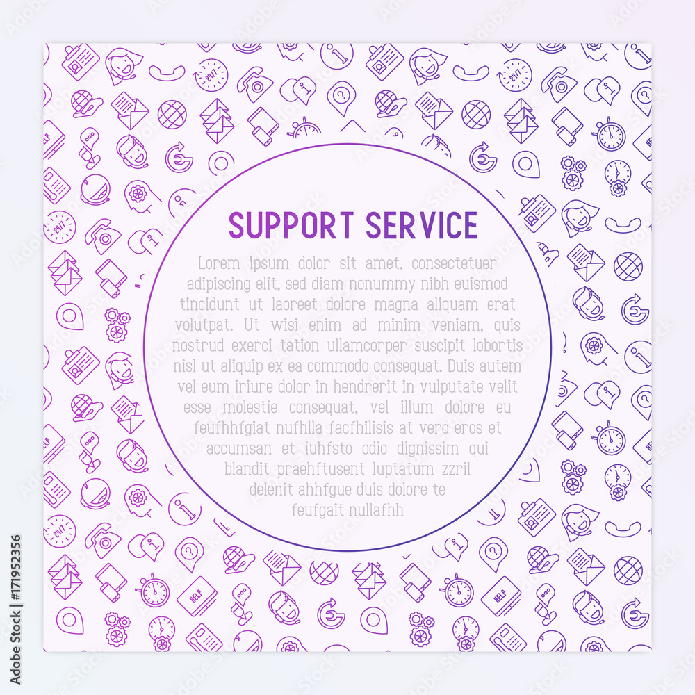 Support service concept with thin line call center or customer service icons. Vector illustration for banner, web page of support center.