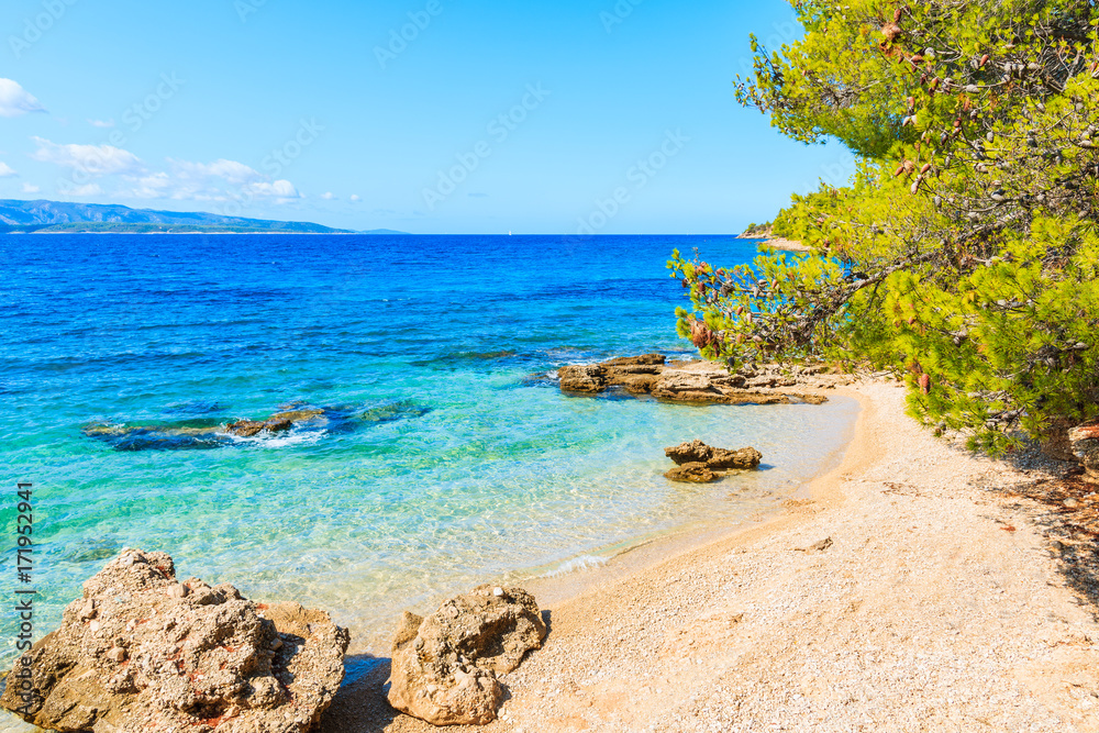 View of beautiful beach near Zlatni Rat at Bol on Brac island in summertime, Croatia