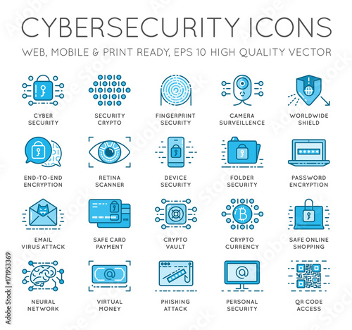 Cyber Security Thin Line icons set. Computer network protection. High Quality Premium outline symbol collection. Stroke vector logo concept.Cybersecurity.