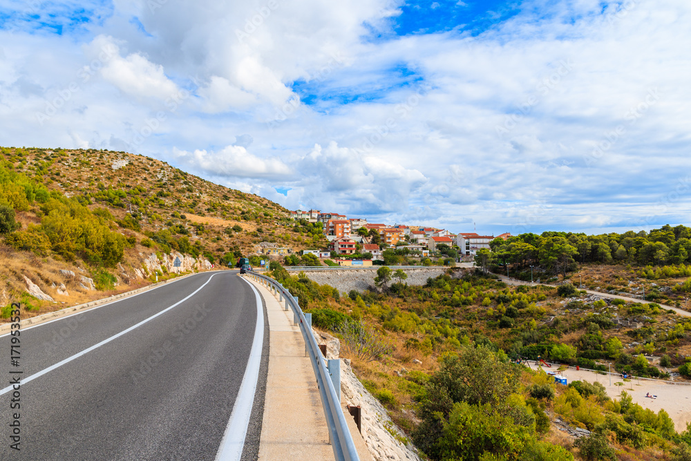 Coastal road along sea between Sibenik and Primosten towns, Dalmatia, Croatia