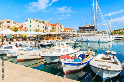 Fishing boats in Primosten old town port  Dalmatia  Croatia