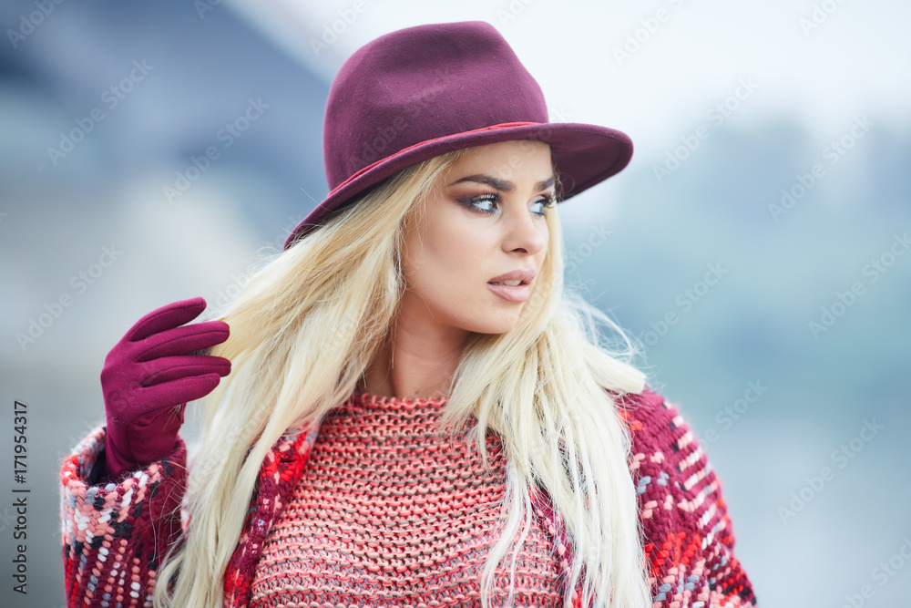 Beautiful blonde woman portrait in autumn city Beautiful blonde woman portrait in autumn city