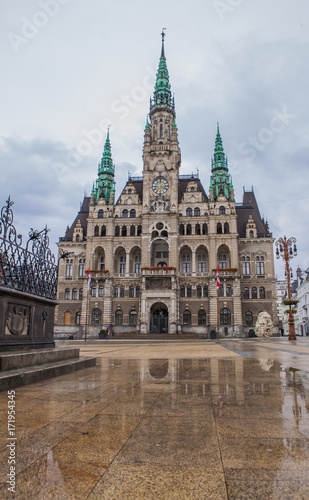 The town hall in Liberec on rainy day, Czech Republic