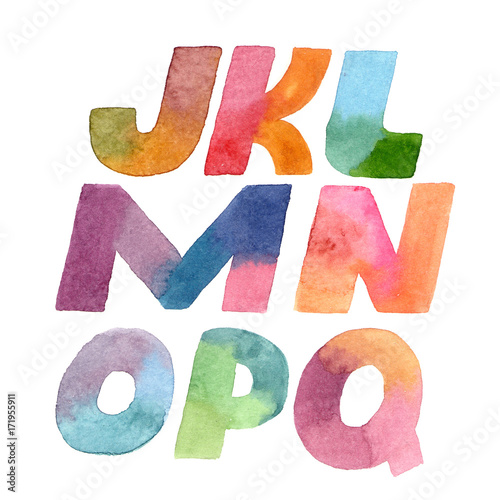 Large raster illustration with colorful gradient letters sequence. Alphabet part from J to Q, hand drawn font isolated on white background. Each letter drawn with brush and gradient watercolor ink