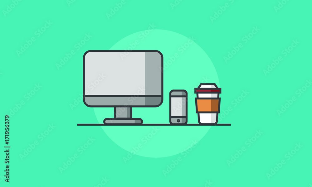 Computer Phone Coffee (Vector Illustration in Line Art Flat Style Design) Computer Phone Coffee (Vector Illustration in Line Art Flat Style Design)