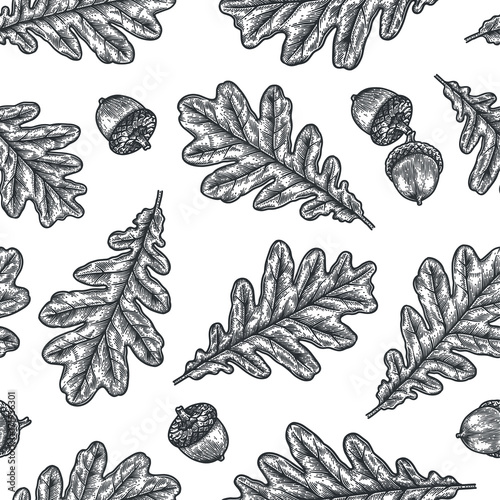 Engraving seamless pattern of Oak Leaf and Acorn.