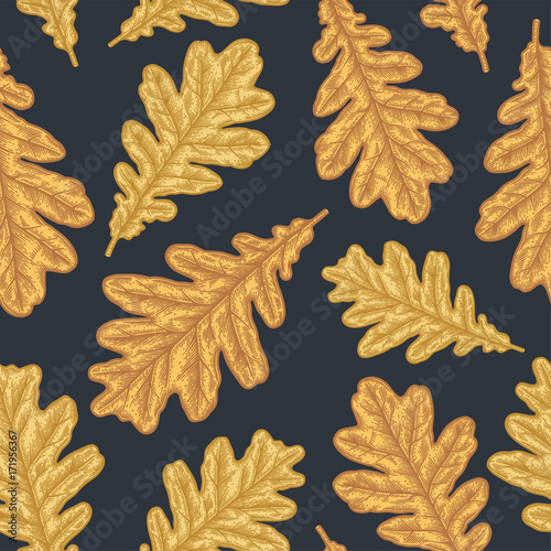 Engraving autumn Oak seamless pattern.