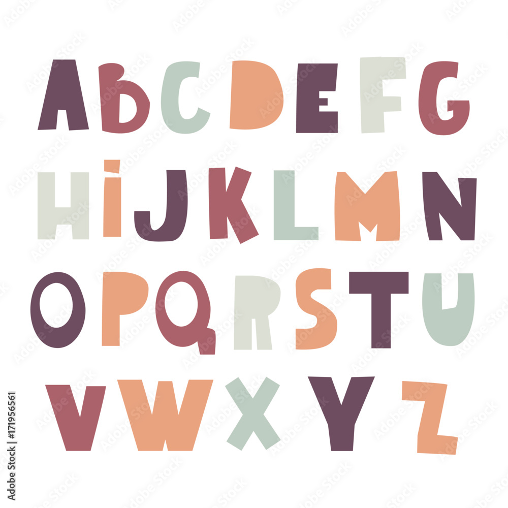 Cute decorative alphabet in cutted style. Childish creative abc. Vector Illustration
