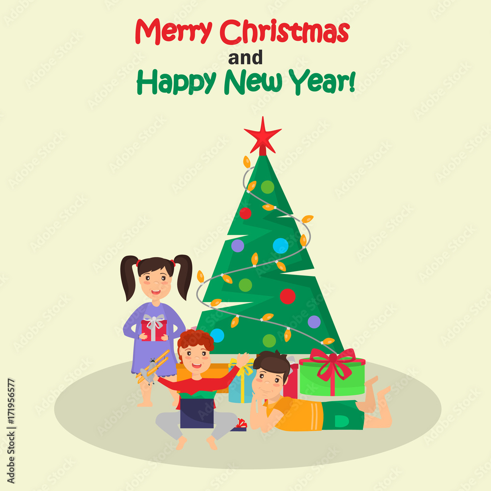 Children open Christmas gifts color illustration Children open Christmas gifts color illustration