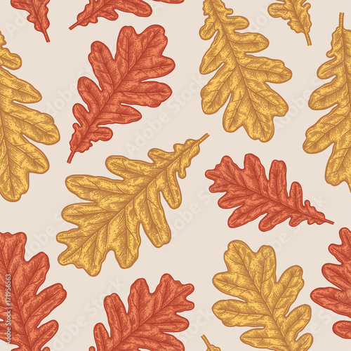 Engraving autumn Oak seamless pattern.