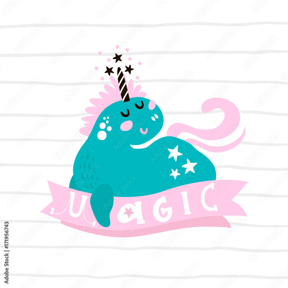 Cute magic unicorn print. Ready childish label,banner, cards, stickers, poster for kids and baby products.Vector illustration