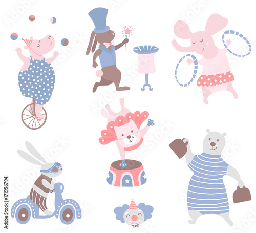 Circus animals vector clipart. Hippo, cat, bear,bunny,elephant,rabbit. Cute childish characters