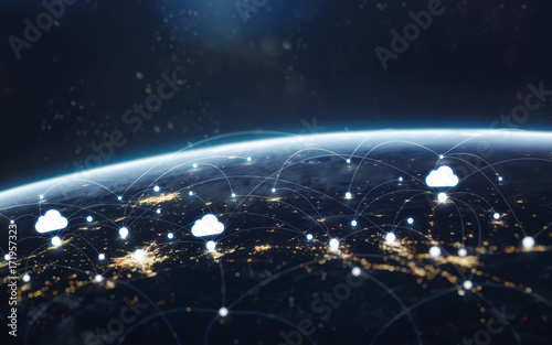 Data exchange and global network over the world. Earth at night  city lights from orbit. Elements of this image furnished by NASA