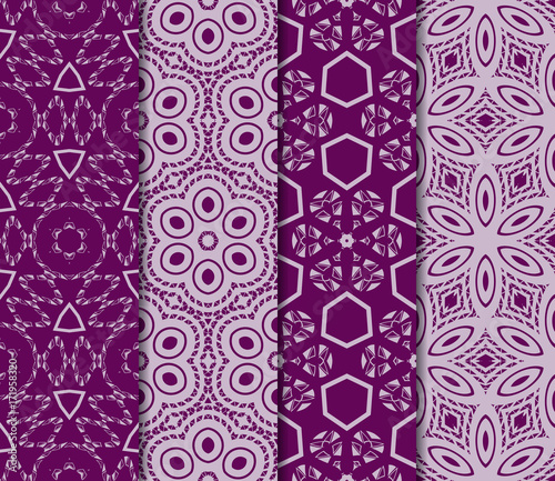set of 4 Seamless vector texture with an abstract pattern of intertwined curves, geometric shapes in floral style. For the design of greeting cards, gift packages, textile industry. purple color