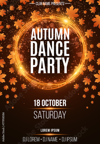 Background, poster for autumn dance party. Shining orange banner with golden rain. Abstract orange lights. Seasonal poster. DJ and club name. Vector
