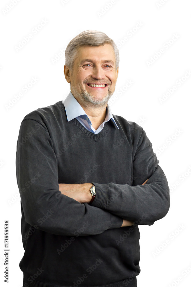 Joyful mature man crossed arms. Smiling elderly entrepreneur crossed his arms on white background. Positive emotions and feelings. Joyful mature man crossed arms. Smiling elderly entrepreneur crossed his arms on white background. Positive emotions and feelings.