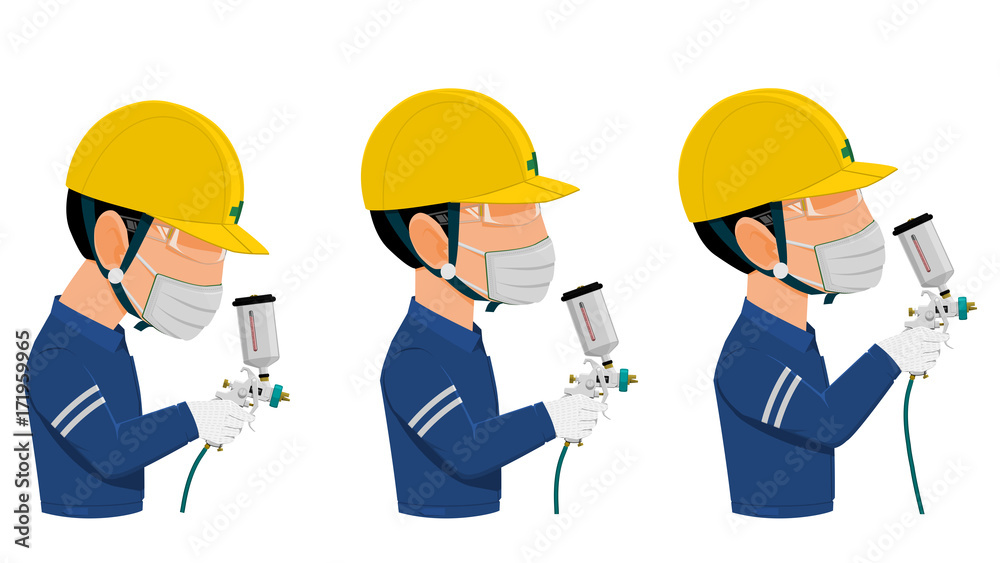 Painter with rectangular mask is using spray gun
Painter with rectangular mask is using spray gun