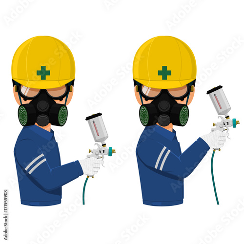 Painter in respiration mask is using spray gun
