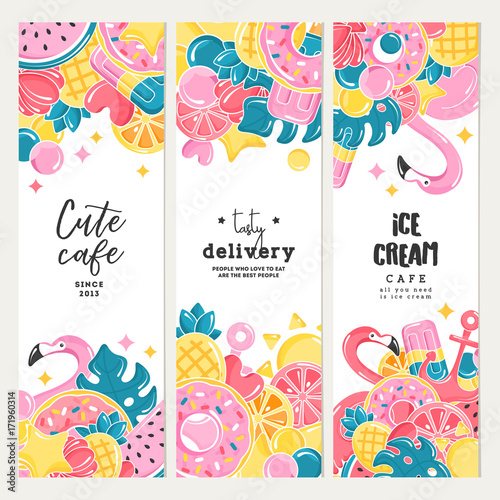 Cafe design template collection. Balloons set. Flamingo, ice cream, watermelon, sun, monstera, pineapple. Vector illustration