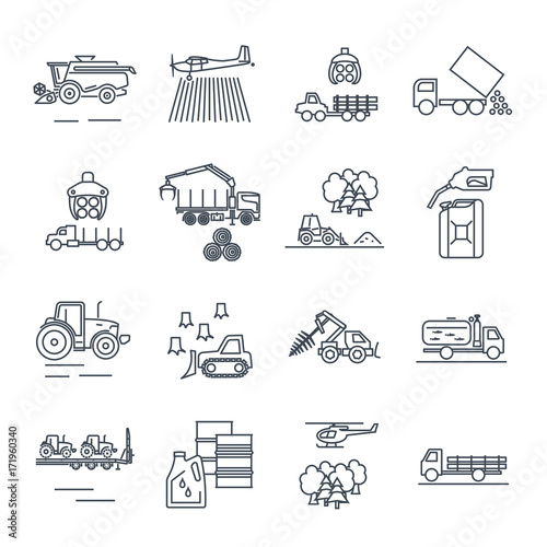 set of thin line icons agricultural machinery, equipment, farming, tractor, combine