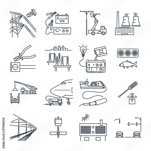 set of thin line icons electrical equipment, technology, industry