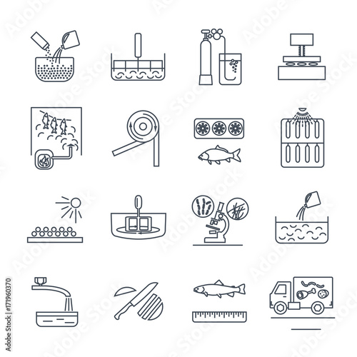 set of thin line icons food, meal production process, fish, meat, cooking