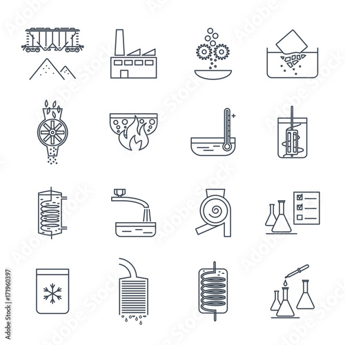 set of thin line icons industrial production, manufacturing process, technology, equipment