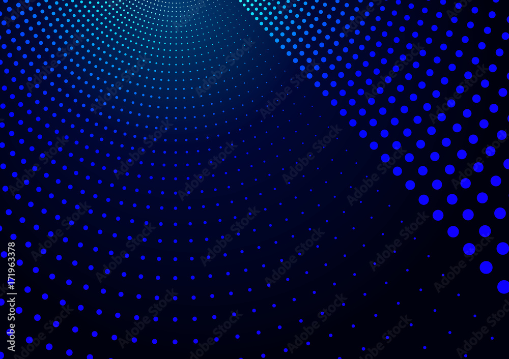 Abstract Hi Tech Blue Background of Radial Halftone Dots. Futuristic Vector Illustration with Light Effect. 