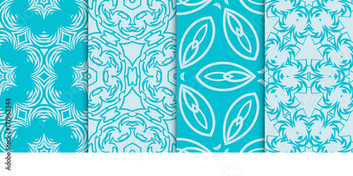 set of 4 geometric seamless pattern. vector illustration. for fabric print, wallpaper. blue color