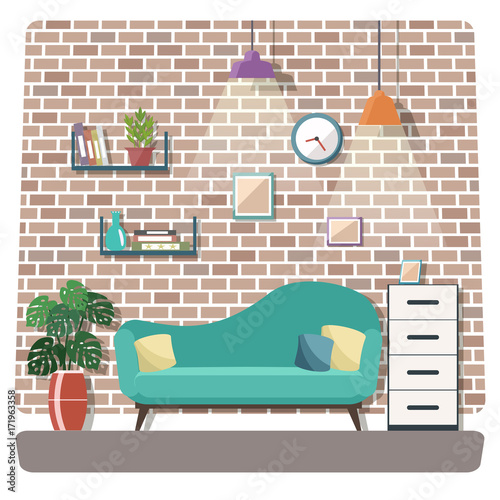 Living room interior with furniture. Flat design.
