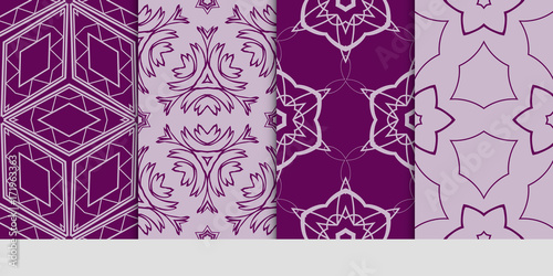 seamless art pattern set. Floral geometric style. Vector illustration. For interior design, fabric print, page fill, wallpaper, textile. purple color