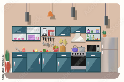 Kitchen interior with table, stove, cupboard, dishes, appliances and fridge vector illustration. Flat design.