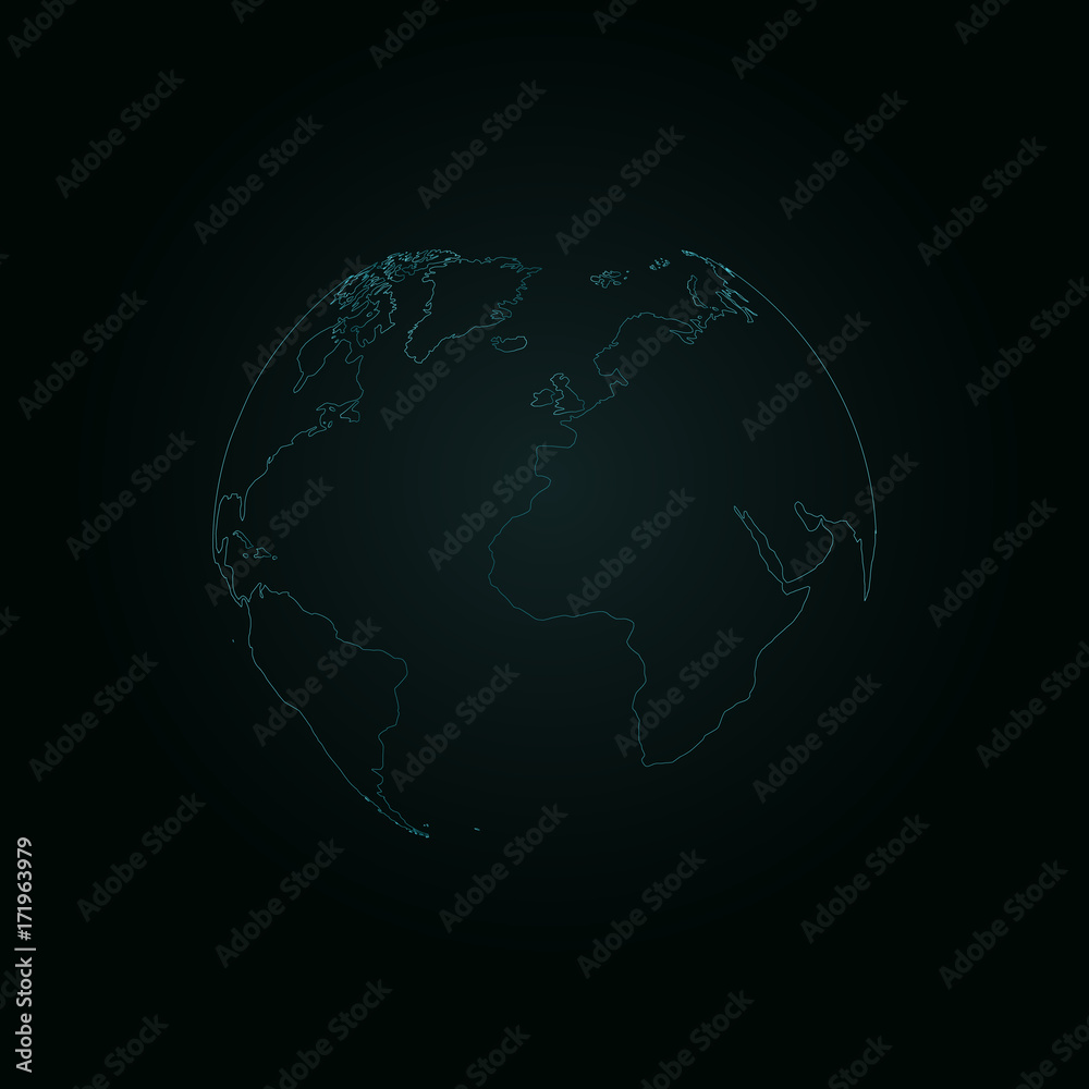 The planet earth shines in the dark blue. Neon stripes. Continents of the earth. Asia, Europe, America. Vector The planet earth shines in the dark blue. Neon stripes. Continents of the earth. Asia, Europe, America. Vector