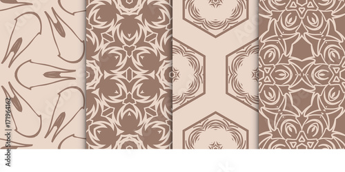 Set of 4 geometric patterns with elements of floral design. Fashion vector illustration. Seamless pattern